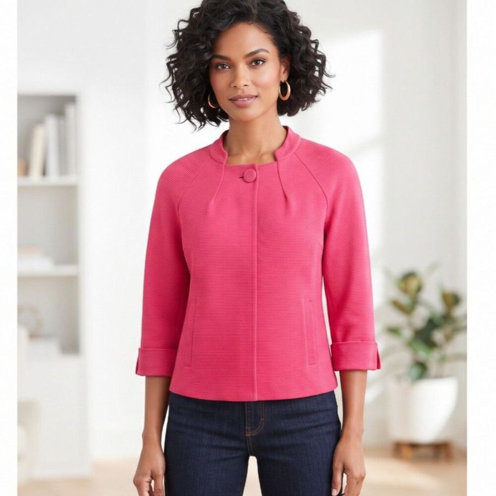 Talbots Pink Rib Knit Jacket 14 Structured Career Chic Statement Blazer